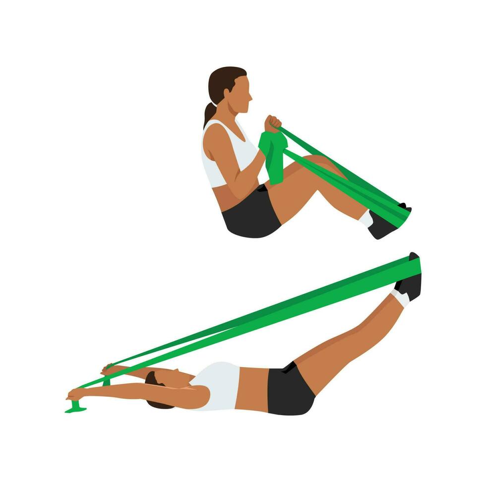 mujer haciendo doble pierna tramo con resistencia banda ejercicio. plano vector
