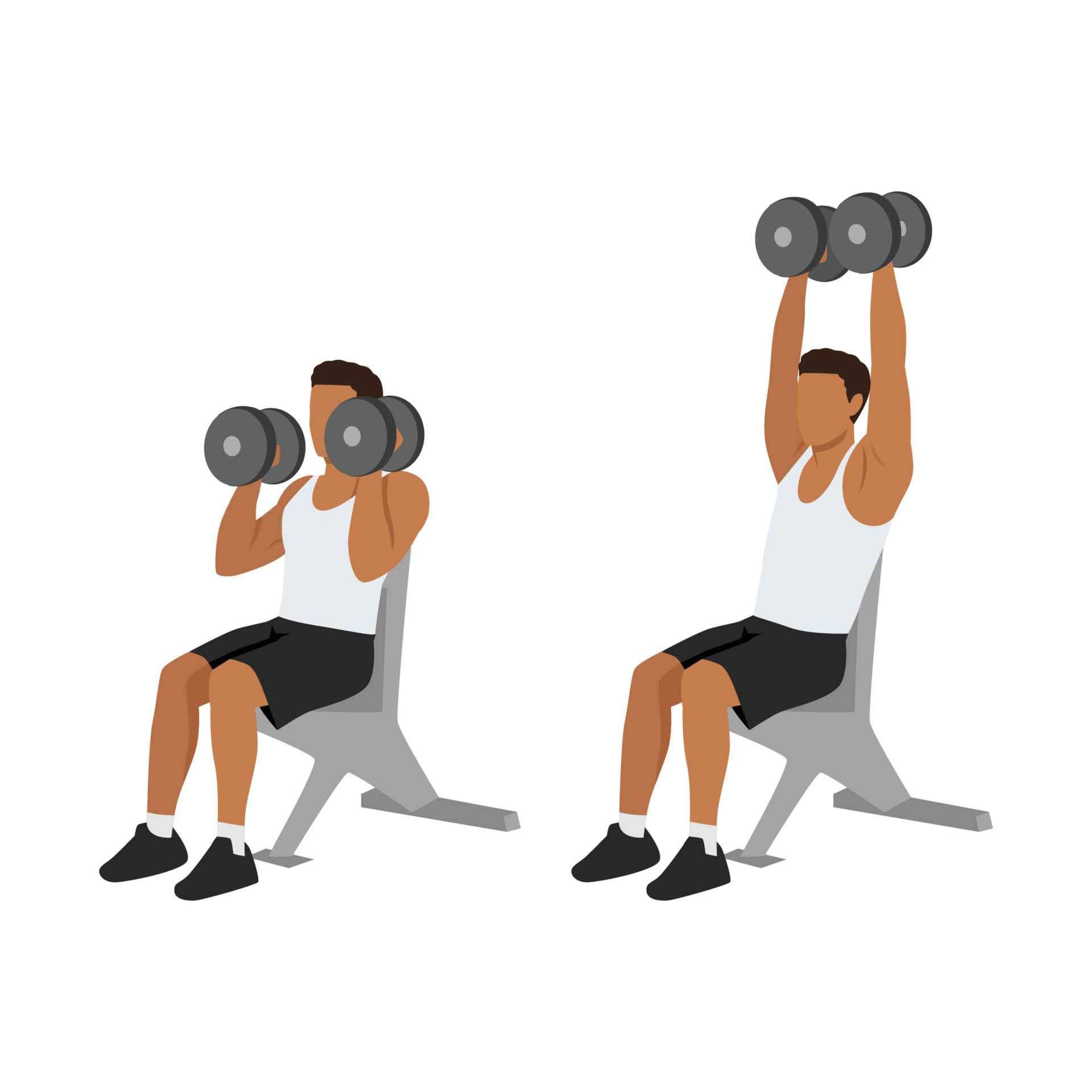 Man doing Seated Shoulder hammer. Overhead presses exercise. Flat