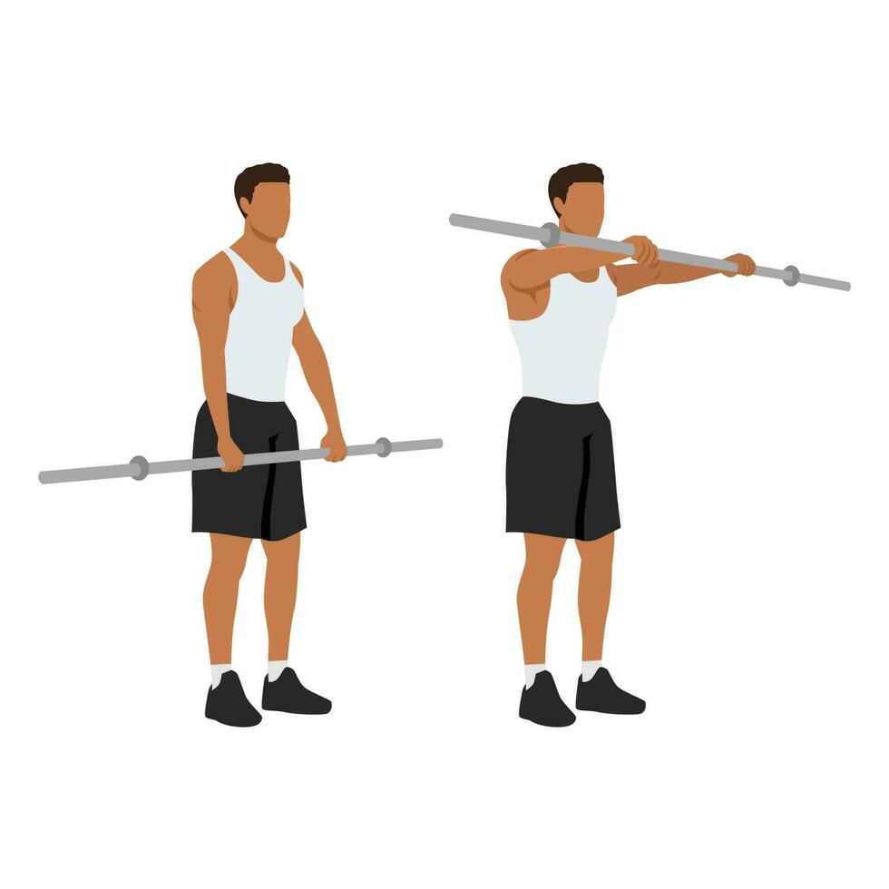 Man doing barbell front raises exercise. vector