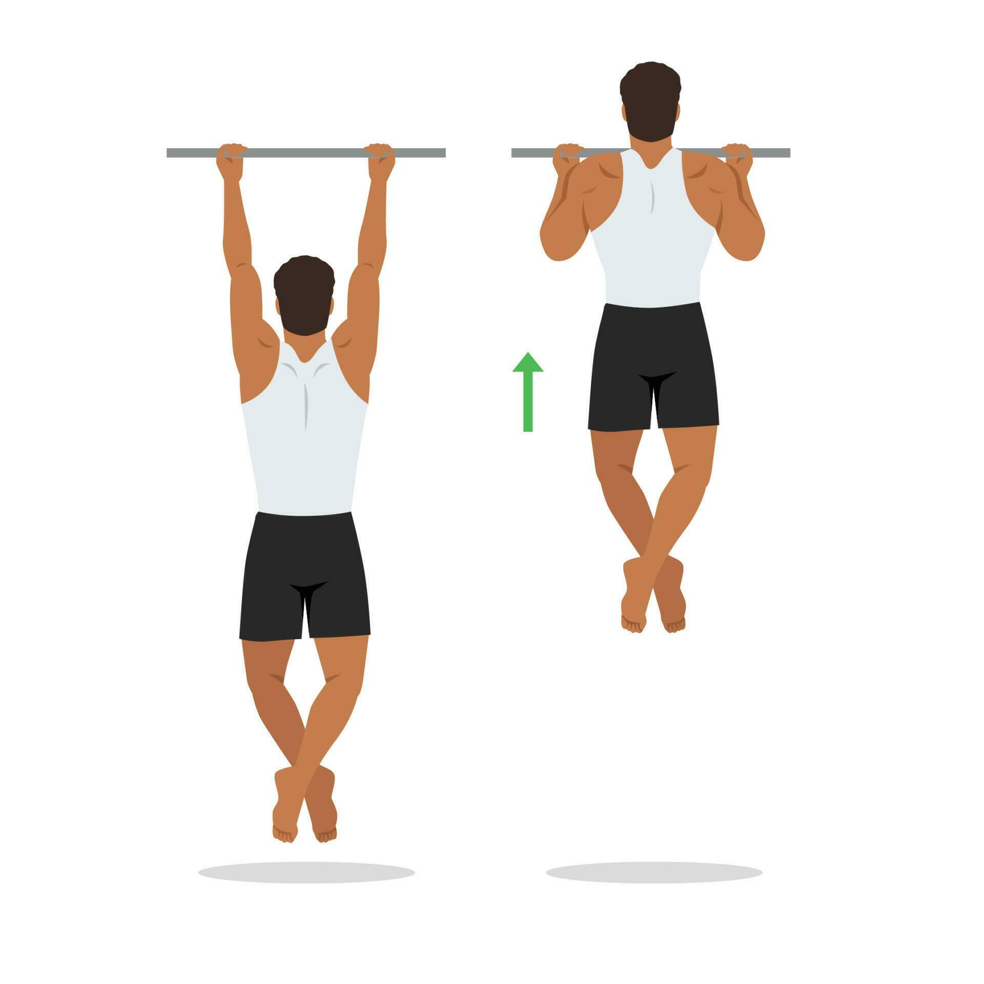 Man doing chin ups workout. Pull up with supinated lat pulldown reverse grip. Healthy and active