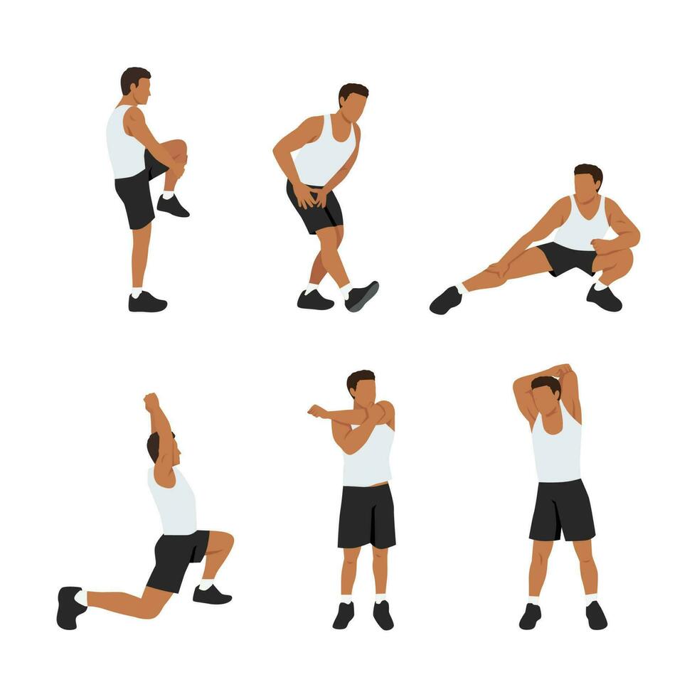 Workout man set. Man doing fitness exercises. Full body stretching. Warming up and stretch. Flat vector illustration