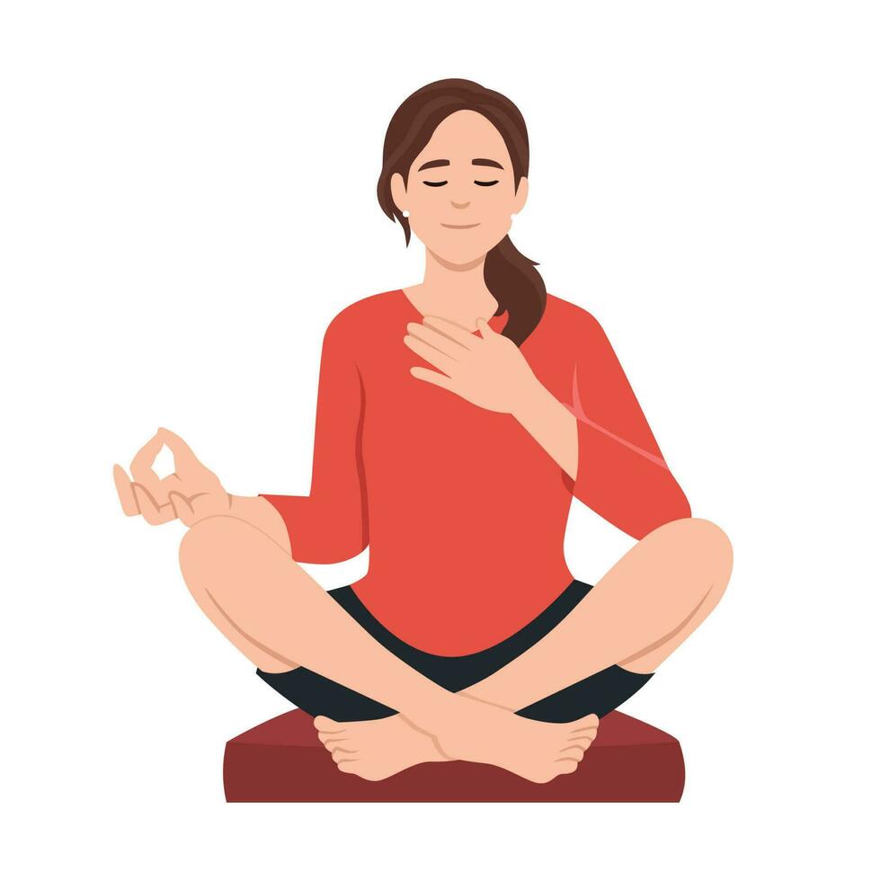 Lifestyle, people emotions, Relaxed and patient smiling young woman with closed eyes meditating to calm down, do breathing exercises with hand on chest vector