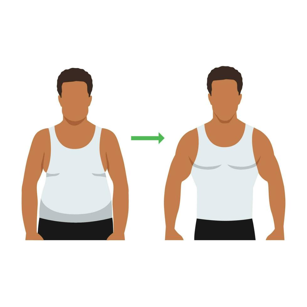 muscular y grasa hombre, chico antes de y después Deportes. peso pérdida y dieta vector estilo de vida concepto. plano vector