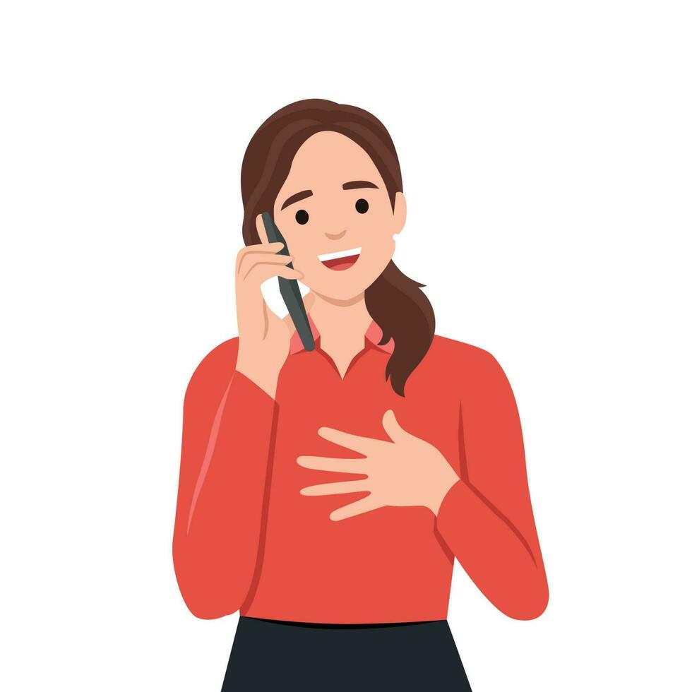 joven mujer hablando en Teléfono móvil vector ilustración. joven mujer comunica vía teléfono llamar. dama con electrónico dispositivo cerca teléfono inteligente pantalla interfaz. conversacion