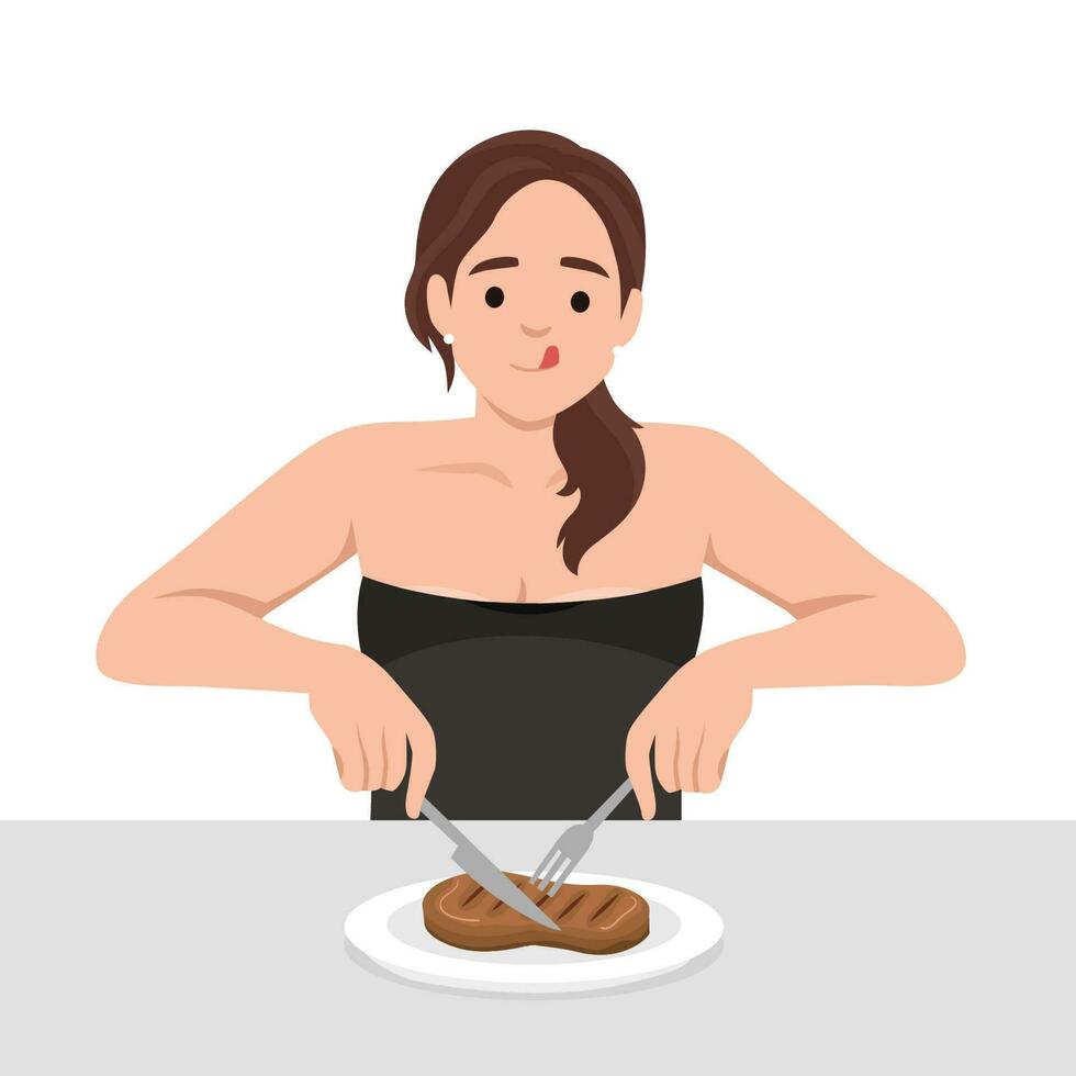 joven mujer disfrutar comiendo filete en el plato participación cuchillo y tenedor como ella es Listo a comer. vector