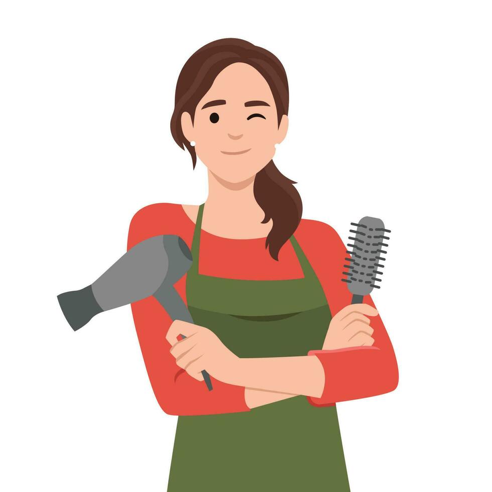 Attractive happy girl hairdresser with comb and hair dryer portrait vector