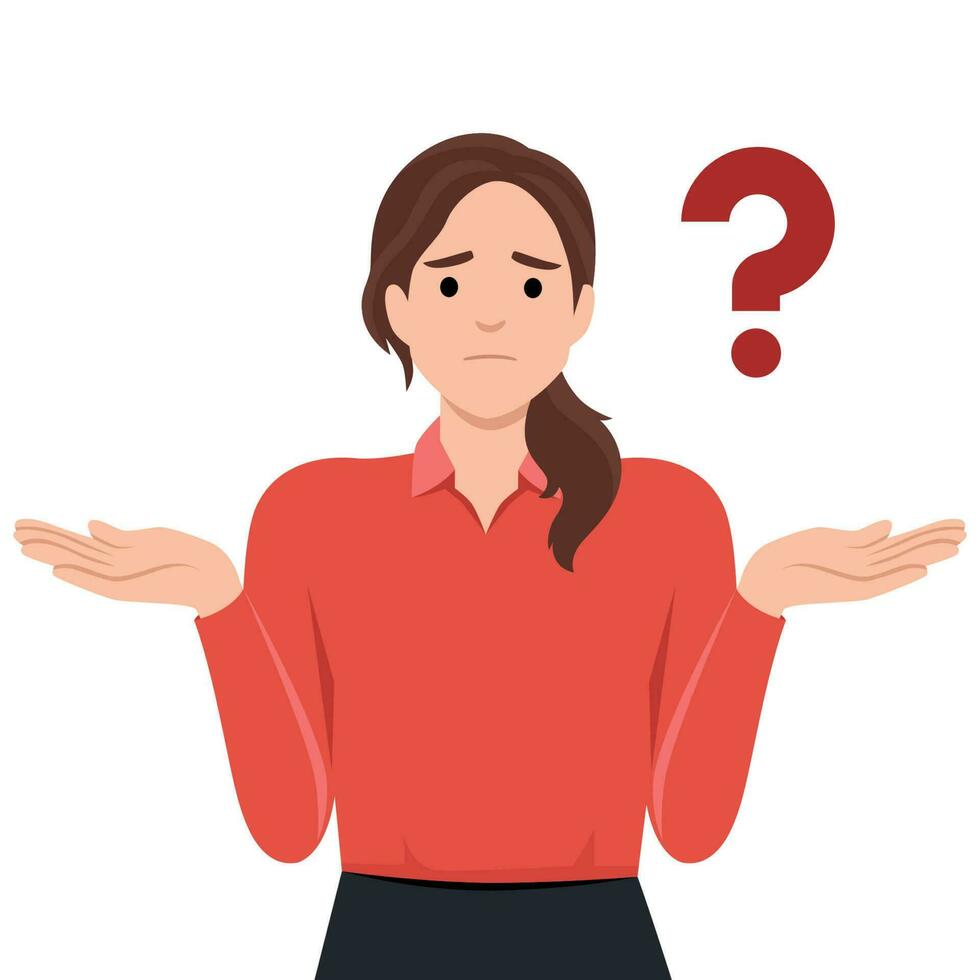 Simple flat vector illustration of question dilemma problem concept, isolated on white cartoon woman character, solution business asking analysis mark.