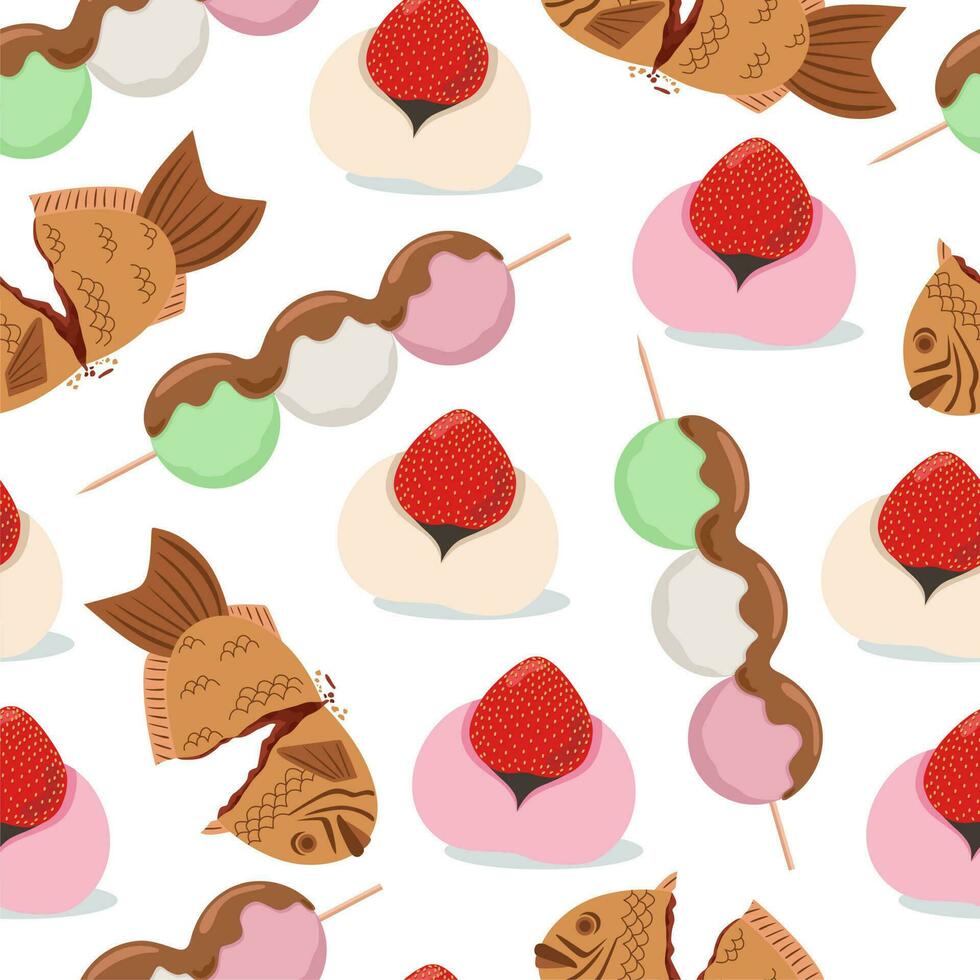 Seamless pattern traditional Japanese dessert Dango, Taiyaki and Daifuku. Vector illustration.