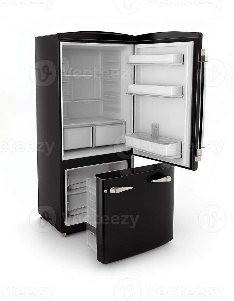 Open fridge on white background, created with photo