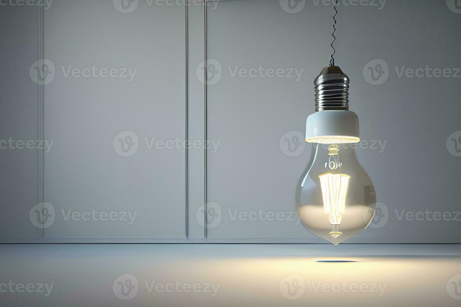 Glowing light bulb in empty room with copy space. 3D rendering photo