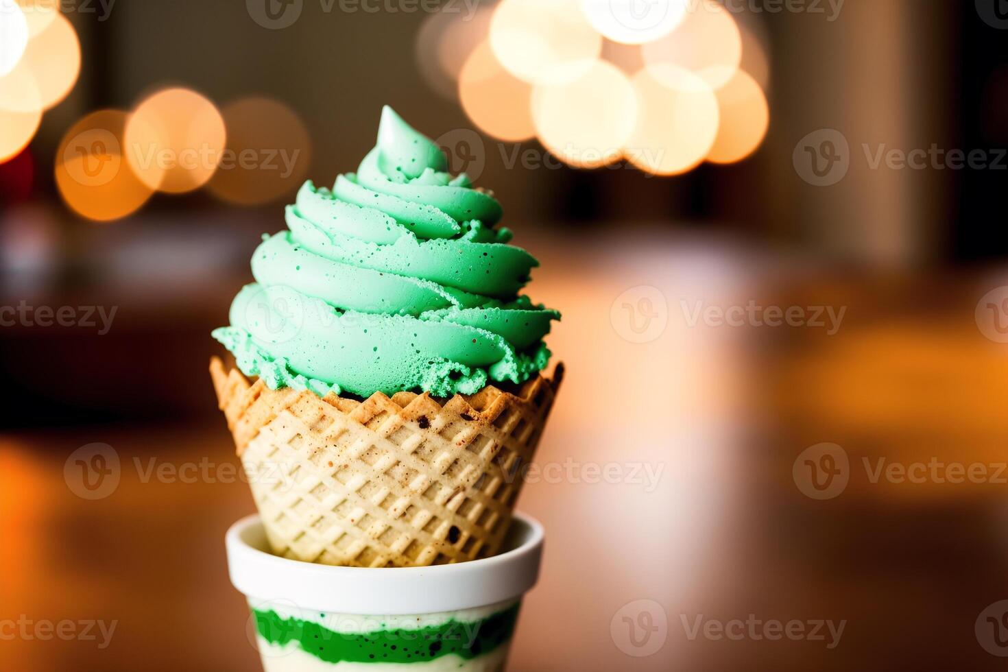 delicious Ice cream cone with chocolate and whipped cream on a wooden table. sweet food. photo