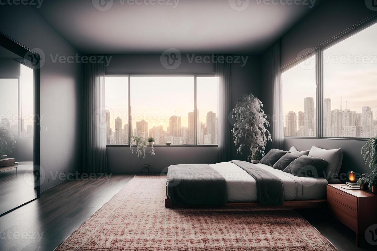 interior de moderno dormitorio con gris paredes, de madera piso, cómodo Rey Talla cama y ventana con campo vista. generativo ai foto