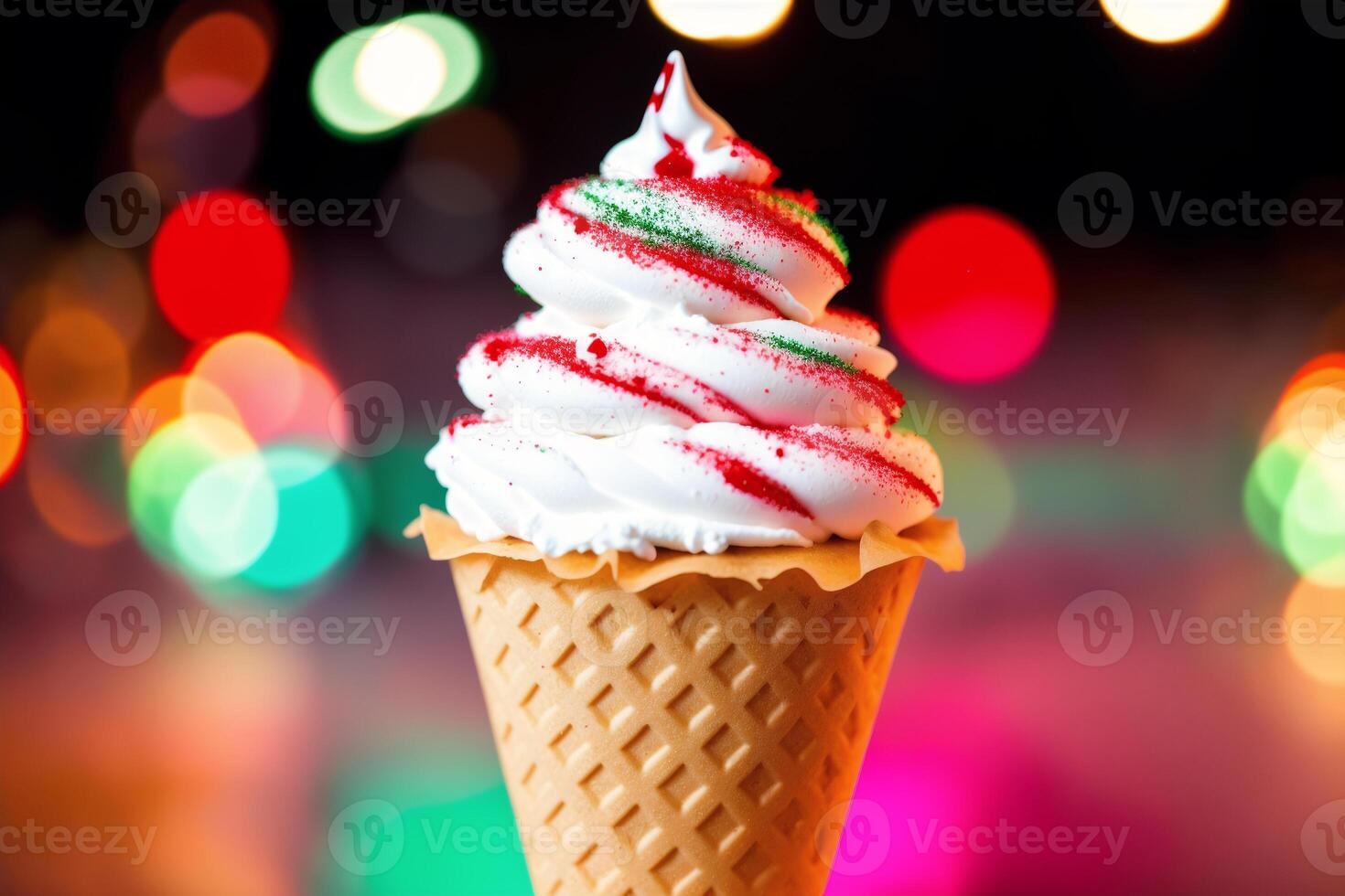 delicious Ice cream cone with chocolate and whipped cream on a wooden table. sweet food. photo