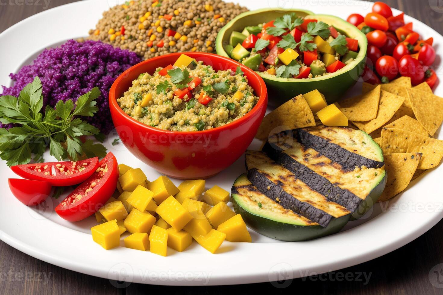 Vegetarian cuisine. Tasty Couscous with vegetables and spices in bowls on wooden table, Bowls of healthy vegetarian lentil salad , photo