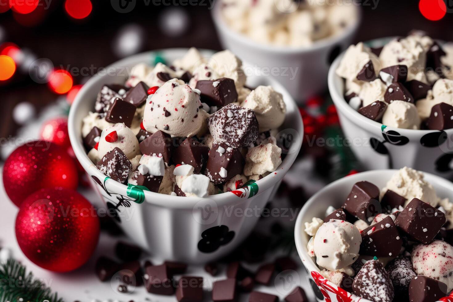 delicious Ice cream cone with chocolate and whipped cream on a wooden table. sweet food. photo