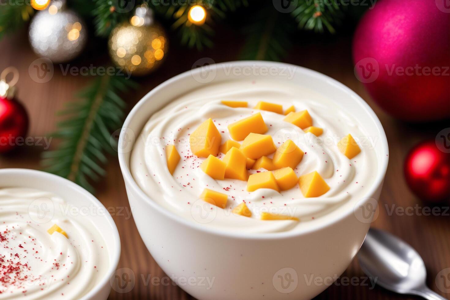 Strawberry yogurt in a white bowl.Yogurt with fresh blackberries, raspberries. photo