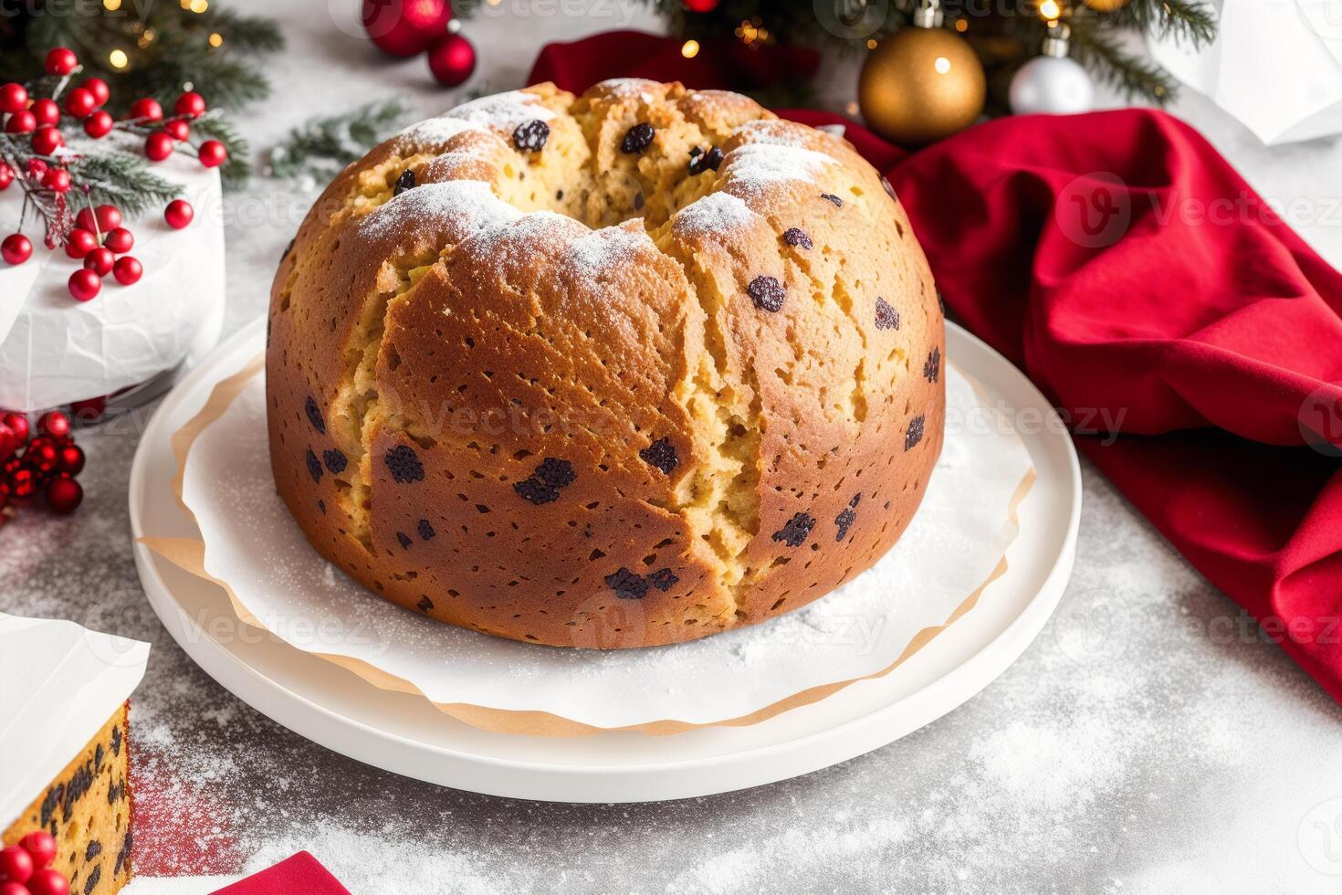 Christmas cake with raisins and powdered sugar. Panettone cake with raisins and icing sugar. photo
