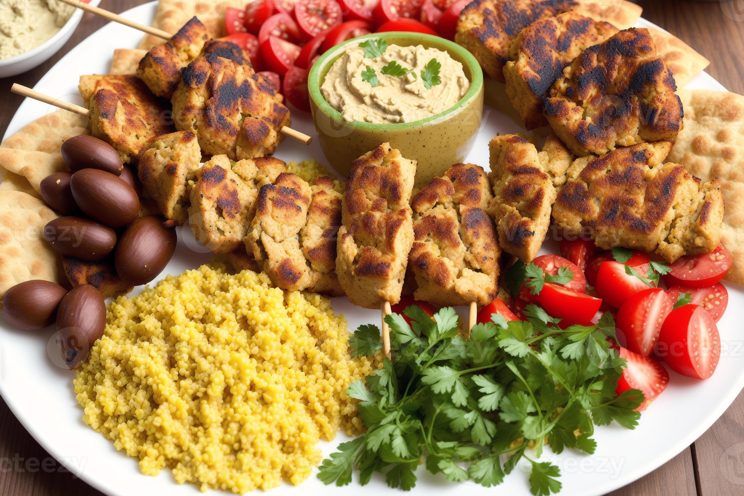 Lebanese cuisine. Chicken shish kebab on skewers served with couscous