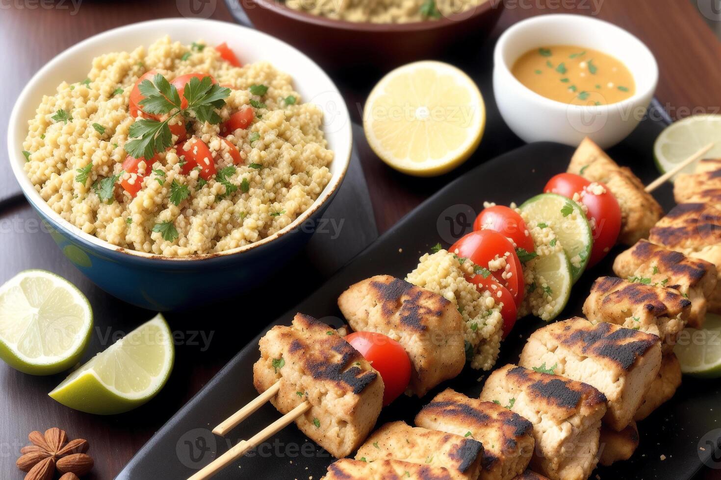 Lebanese cuisine. Chicken shish kebab on skewers served with couscous