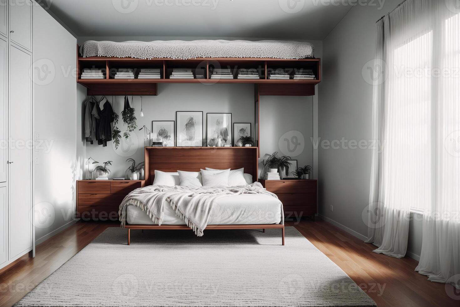 interior de moderno dormitorio con gris paredes, de madera piso, cómodo Rey Talla cama y ventana con campo vista. generativo ai foto