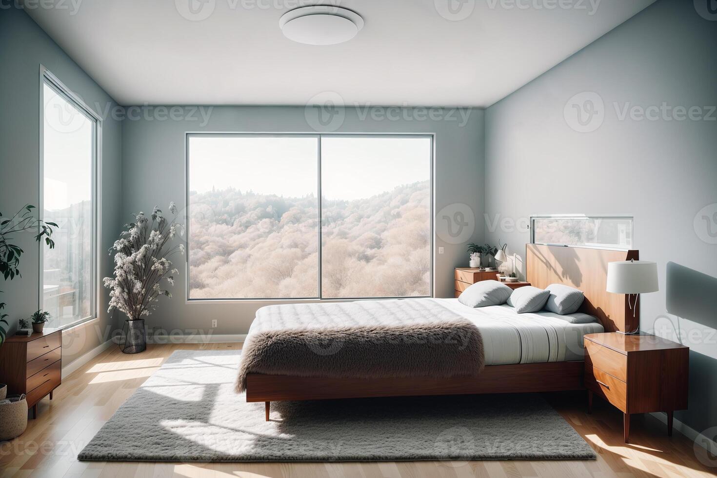 Interior of modern bedroom with gray walls, wooden floor, comfortable king size bed and window with countryside view. photo