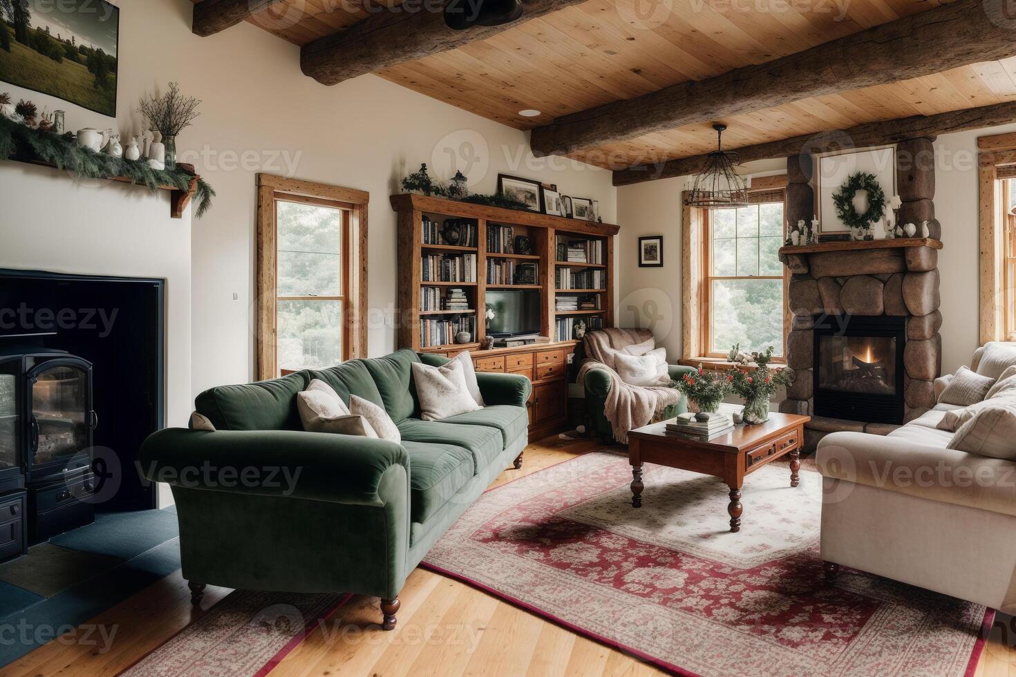 interior of modern living room with sofa, coffee table and plants. photo