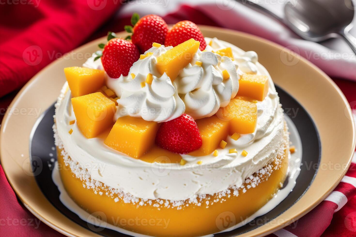 Christmas cake with whipped cream and fresh berries on a wooden table. Delicious pudding with raspberry sauce. photo