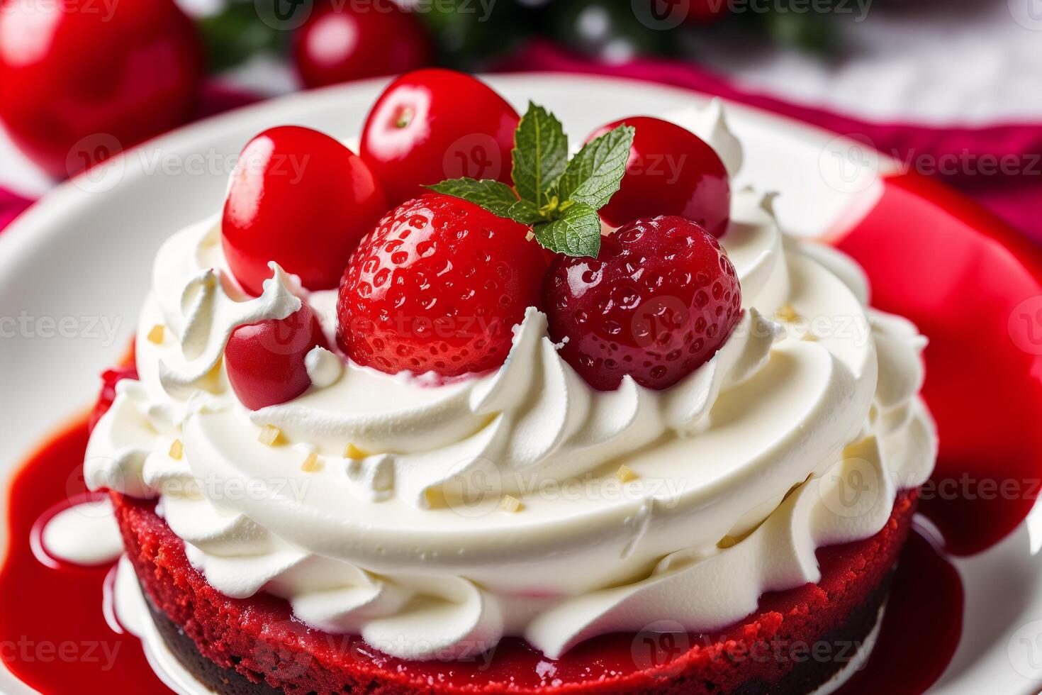 Christmas cake with whipped cream and fresh berries on a wooden table. Delicious pudding with raspberry sauce. photo