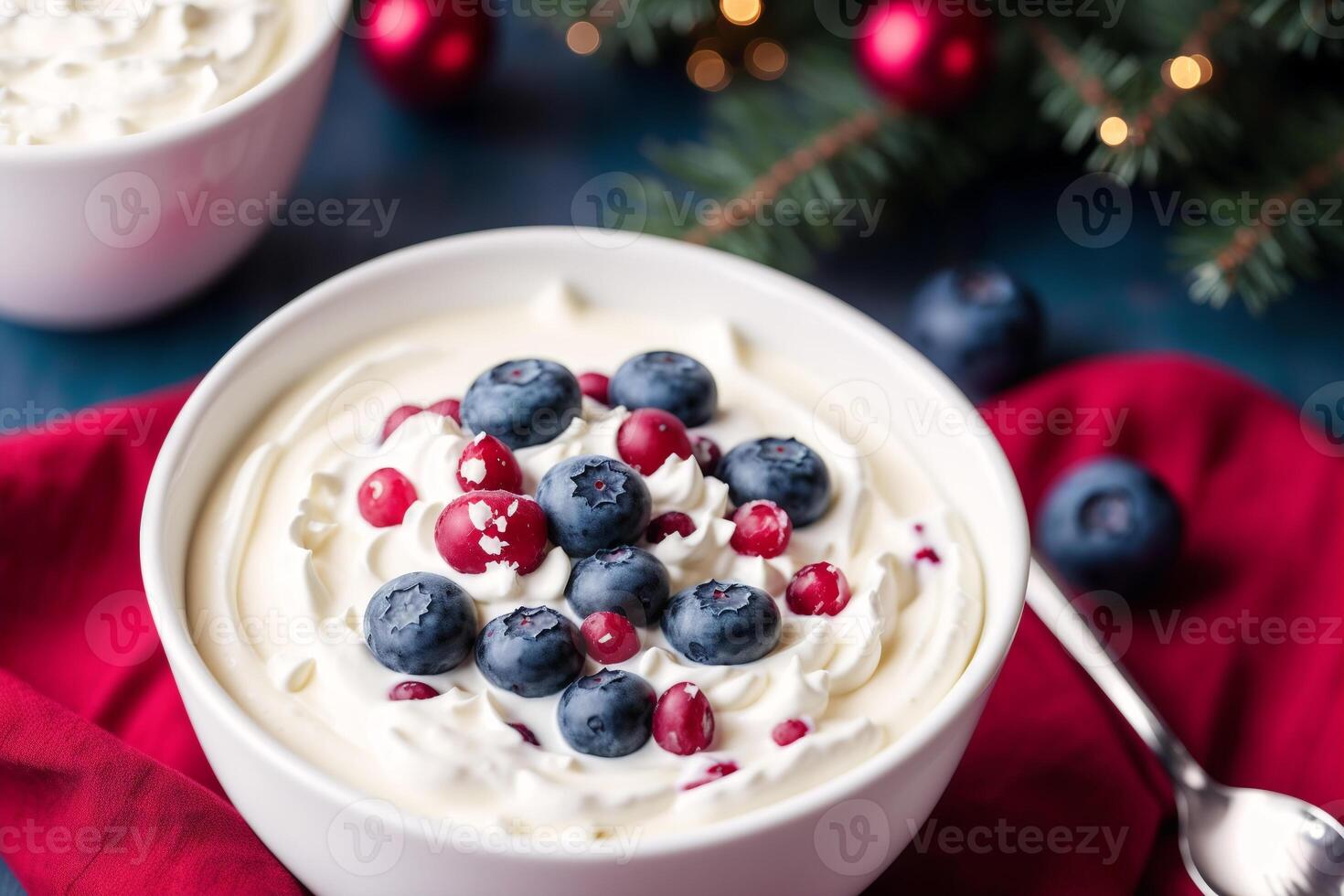 Strawberry yogurt in a white bowl.Yogurt with fresh blackberries, raspberries. photo