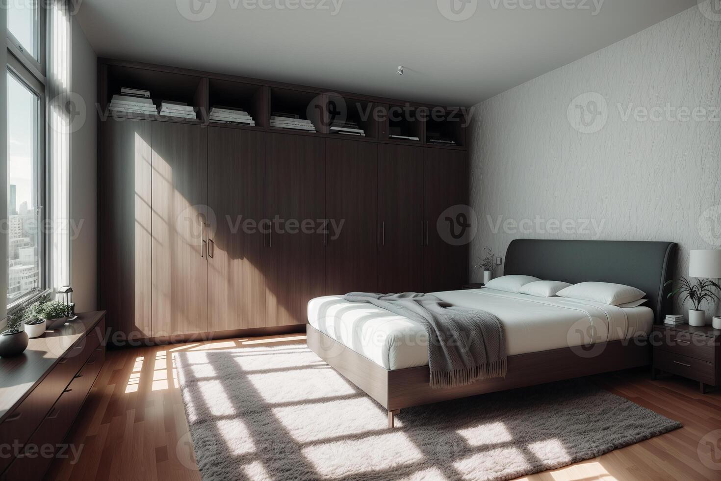 interior de moderno dormitorio con gris paredes, de madera piso, cómodo Rey Talla cama y ventana con campo vista. generativo ai foto