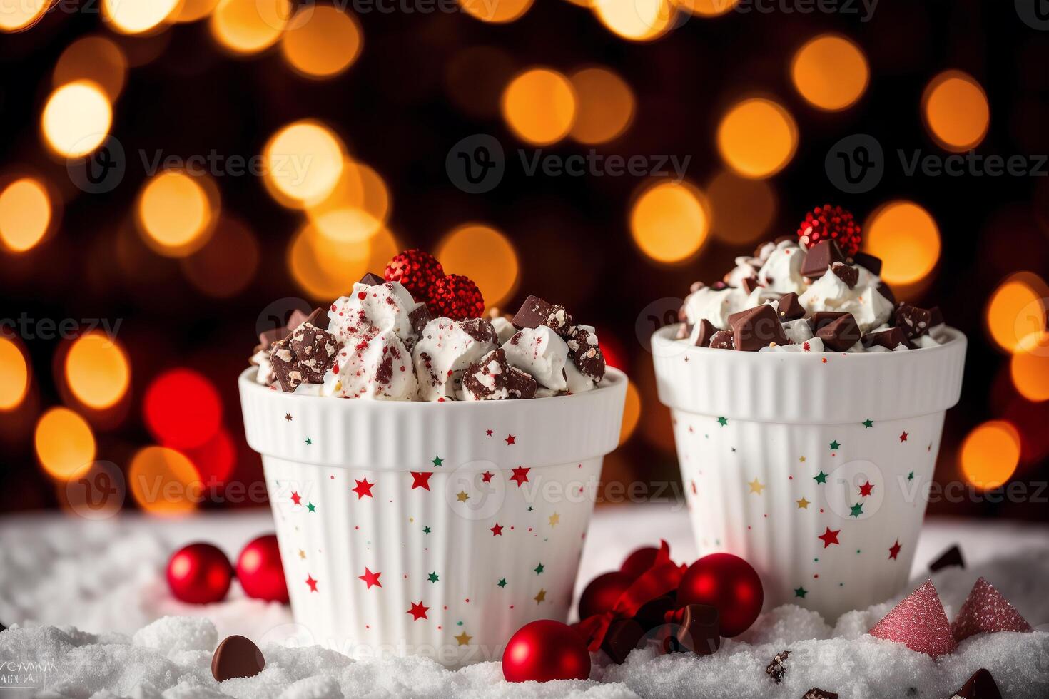 delicious Ice cream cone with chocolate and whipped cream on a wooden table. sweet food. photo