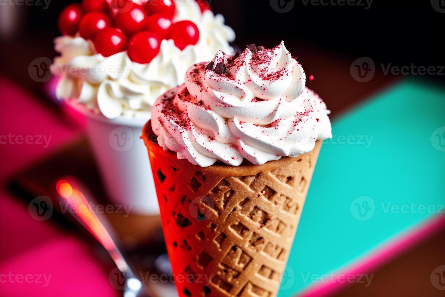delicious Ice cream cone with chocolate and whipped cream on a wooden table. sweet food. photo
