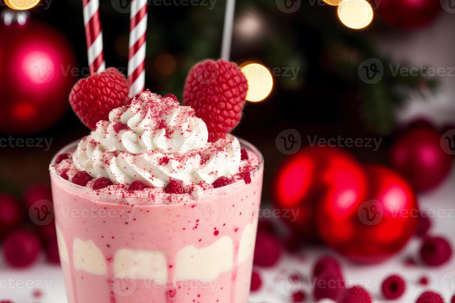 A glass of milkshake with whipped cream and blackberries.Strawberry milkshake, Raspberry milkshake. photo