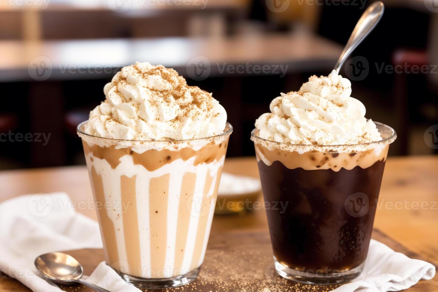 Iced coffee with whipped cream in a glass on a wooden table. photo