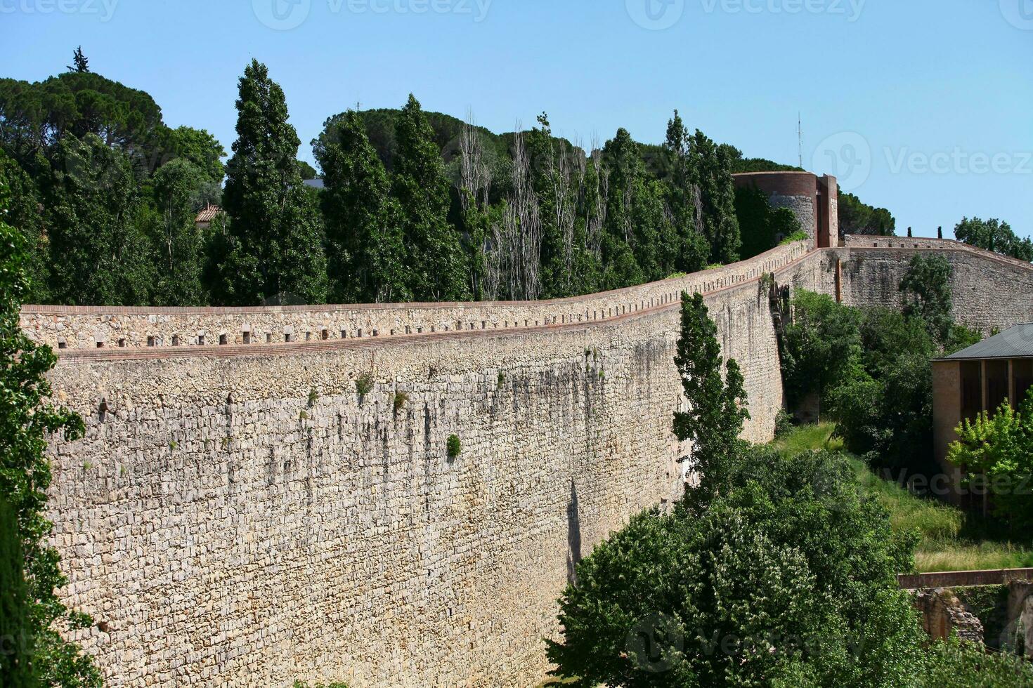 ancient fortress, a high stone fortress wall, a tower in the distance, a summer landscape photo