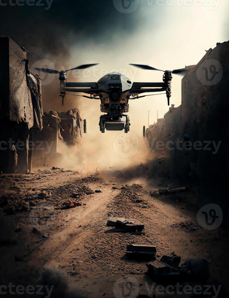 Drone attack in war scene, created with photo