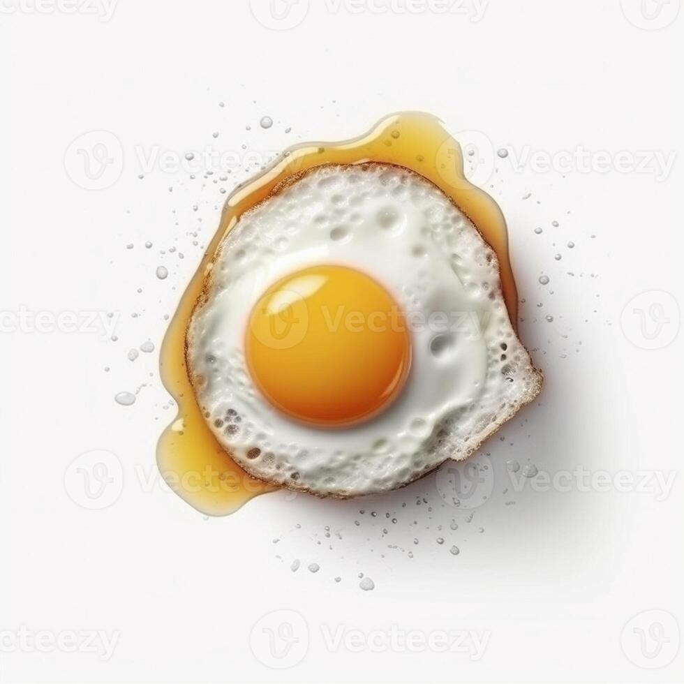 Top view at fried egg on white background, created with photo