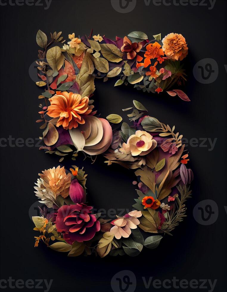 Number 5 made of flowers and leaves on black background, created with photo