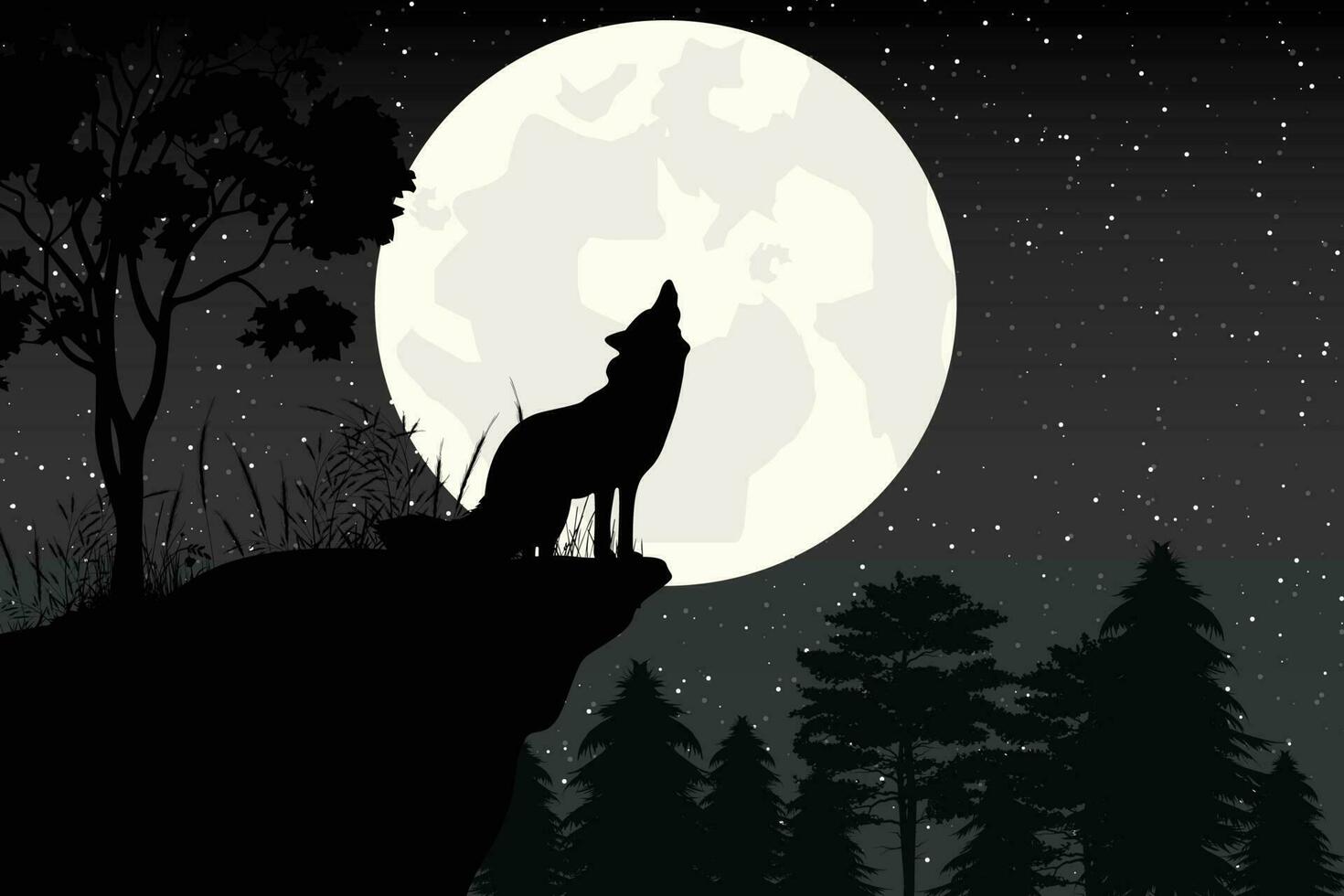 cute and moon wolf silhouette illustration graphic vector