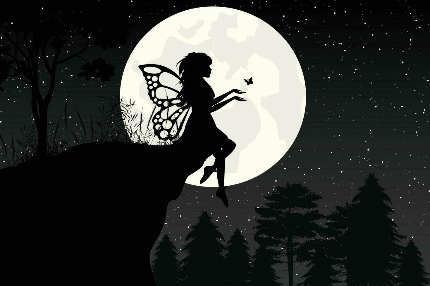 cute fairy and moon silhouette illustration graphic vector