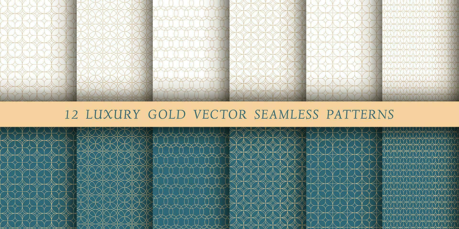 Set of 12 luxurious vector seamless patterns. Geometrical patterns on a white and emerald background. Modern illustrations for wallpapers, flyers, covers, banners, minimalistic ornaments, background