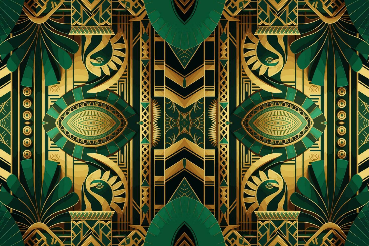 Egyptian pattern gold and green background. Abstract traditional folk ancient antique tribal ethnic graphic line. Ornate elegant luxury vintage retro style. Texture textile fabric ethnic Egypt pattern vector