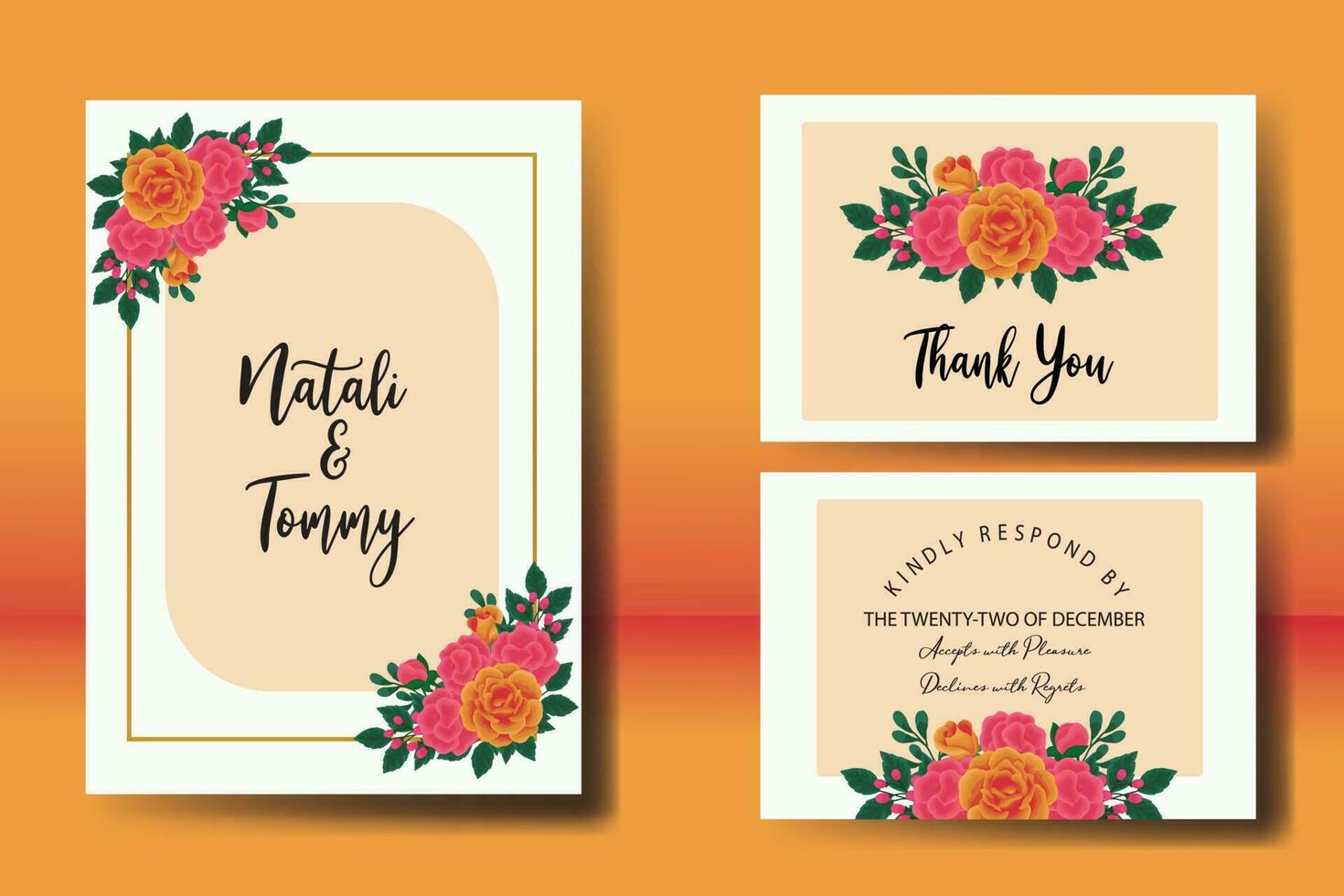 Wedding invitation frame set, floral watercolor Digital hand drawn Orange Rose Flower design Invitation Card Template vector