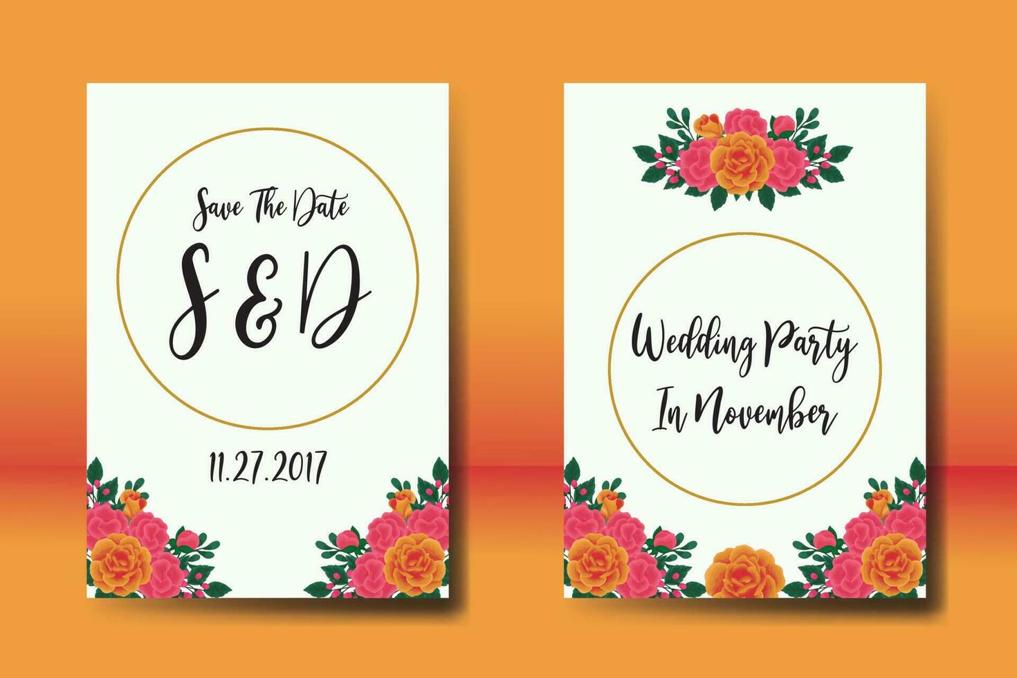 Wedding invitation frame set, floral watercolor Digital hand drawn Orange Rose Flower design Invitation Card Template vector