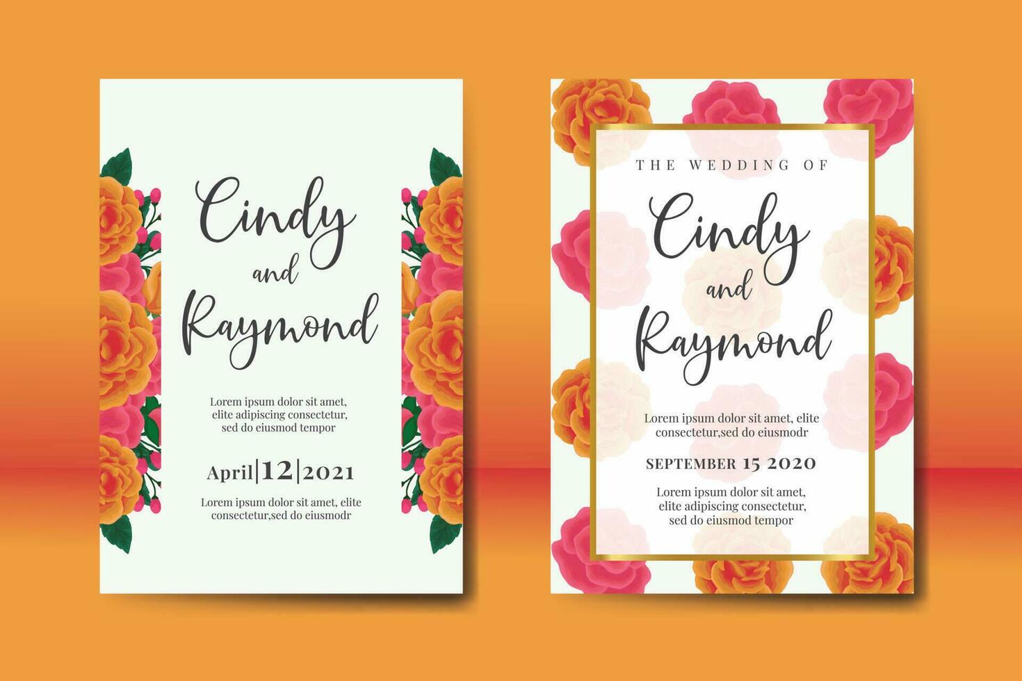 Wedding invitation frame set, floral watercolor Digital hand drawn Orange Rose Flower design Invitation Card Template vector