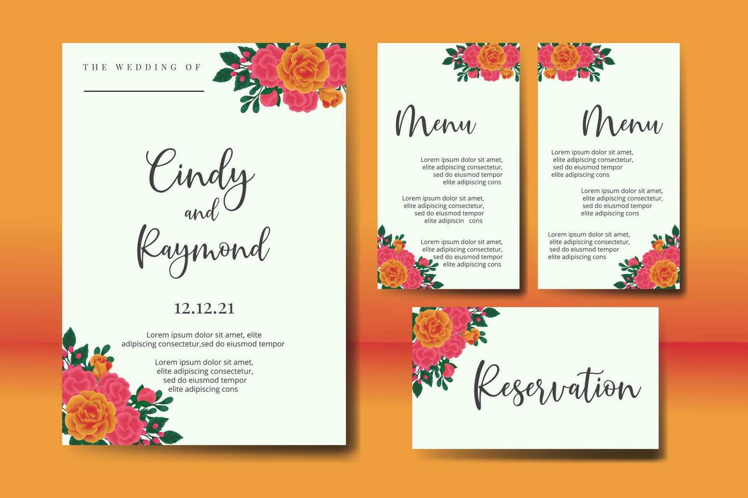 Wedding invitation frame set, floral watercolor Digital hand drawn Orange Rose Flower design Invitation Card Template vector