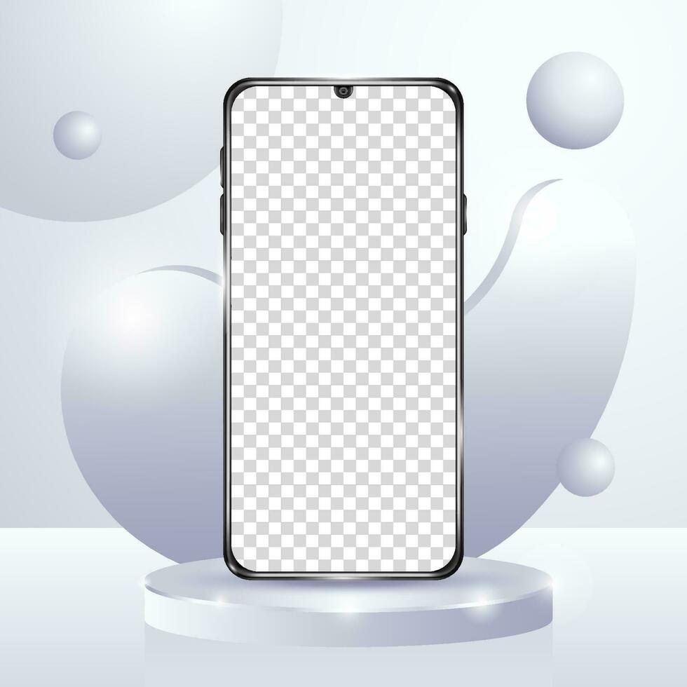 3D Black Mobile Phone Mockup With Podium Background vector