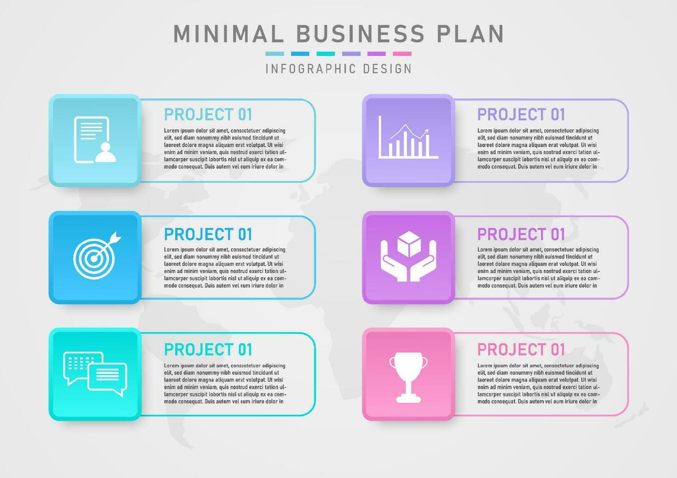 mínimo infografia negocio planificación 6 6 hermosa pastel cuadrícula con contornos letras y íconos diseño para crecimiento, marketing, opciones, finanzas, invertir vector