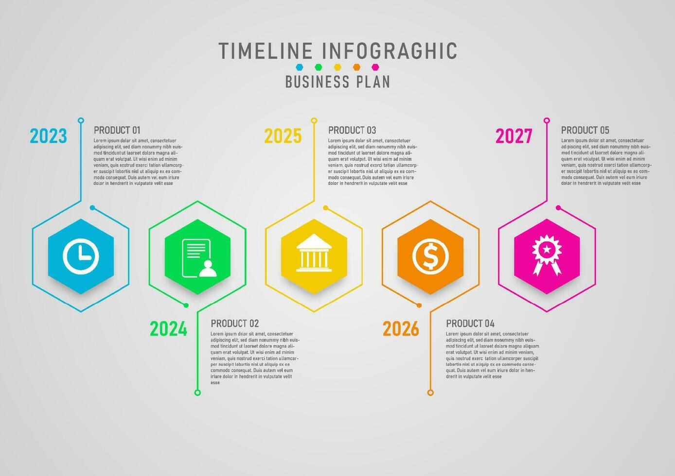 timeline infographic multi colored hexagons with lines Business and product growth planning 5 years. Multiple icons in the middle. gray gradient background Designed for marketing, investing, finance. vector