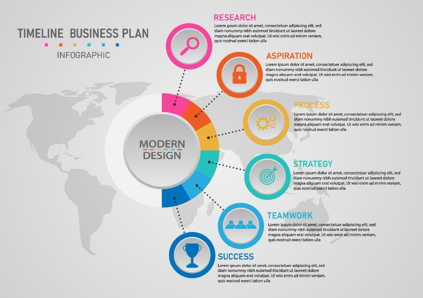 6 step timeline infographic Multi colored circles with dotted lines. Business growth planning for success. Several icons in the center of the world map below. gray gradient background vector